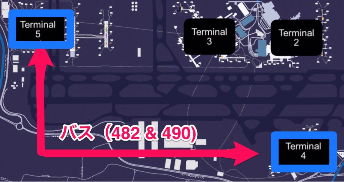 ヒースロー空港第4ターミナルと第5ターミナル間の移動方法を示した地図