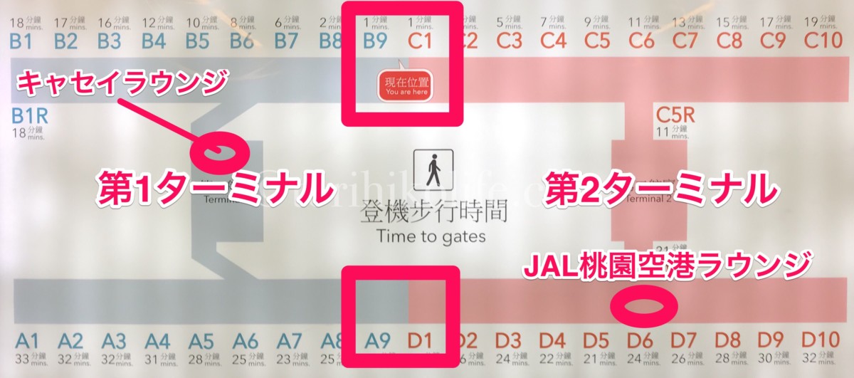 JAL桃園空港ラウンジの場所を示した地図。D6ゲート付近にJALラウンジの表示